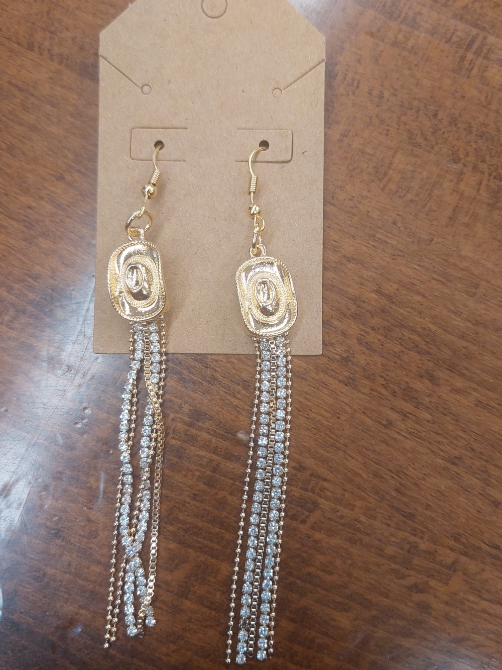 Cowgirl Hat Gold Tassel Drop Earrings with Rhinestone Chains - Women Jewelry
